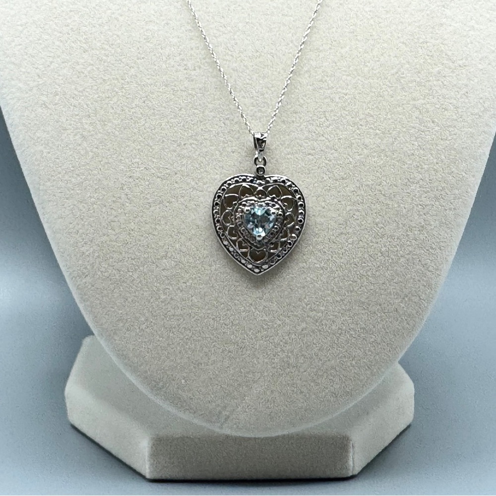 10K WG/925 Filigree Blue Topaz Heart Pendant Necklace - Picture 2 of 16